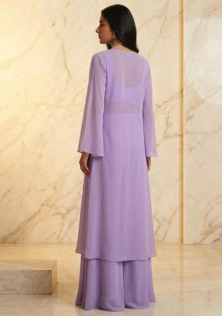 Lavender Embroidered Handwork Fusion Set - Indya