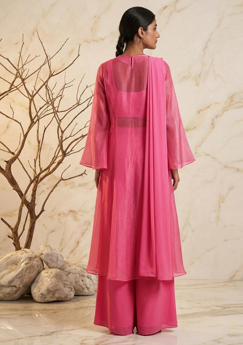 Pink Embroidered Handwork Fusion Set - Indya