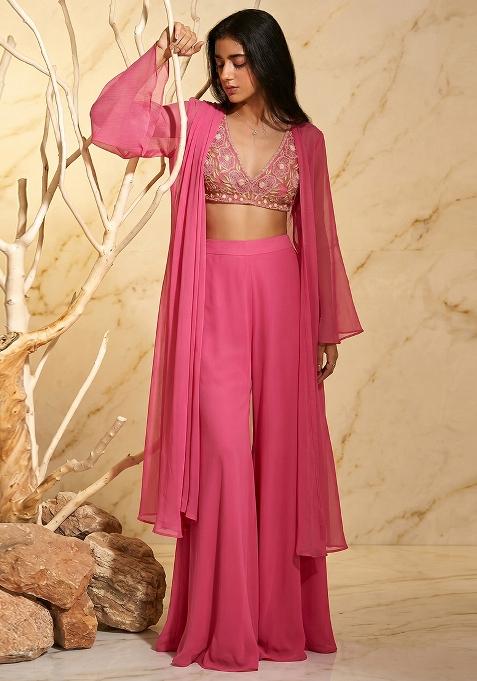 Pink Embroidered Handwork Fusion Set