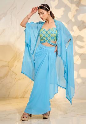 Sky Blue Embroidered Handwork Fusion Set