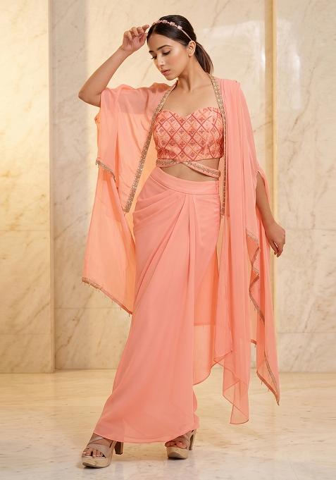 Peach Embroidered Handwork Fusion Set