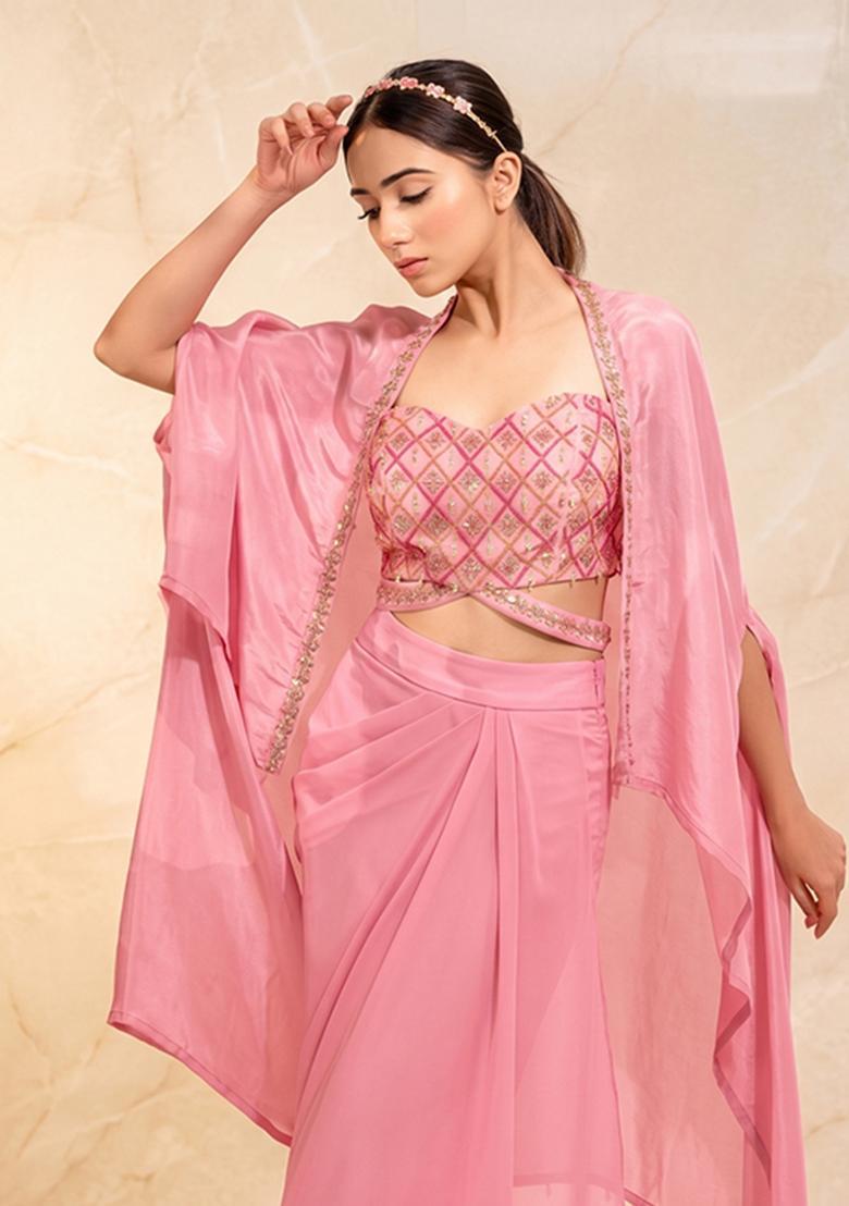 Pink Embroidered Handwork Fusion Set - Indya