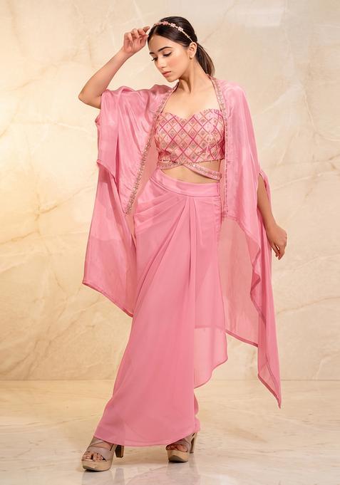 Pink Embroidered Handwork Fusion Set