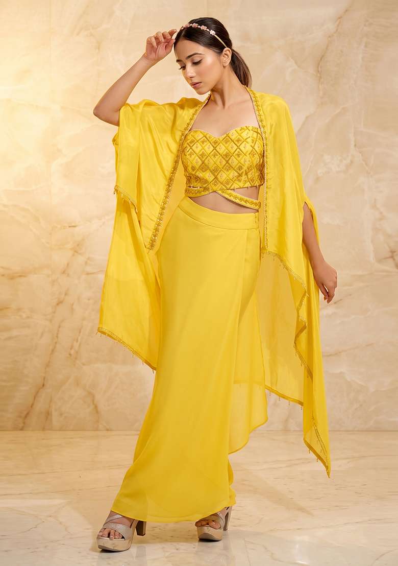 Yellow Embroidered Handwork Fusion Set - Indya