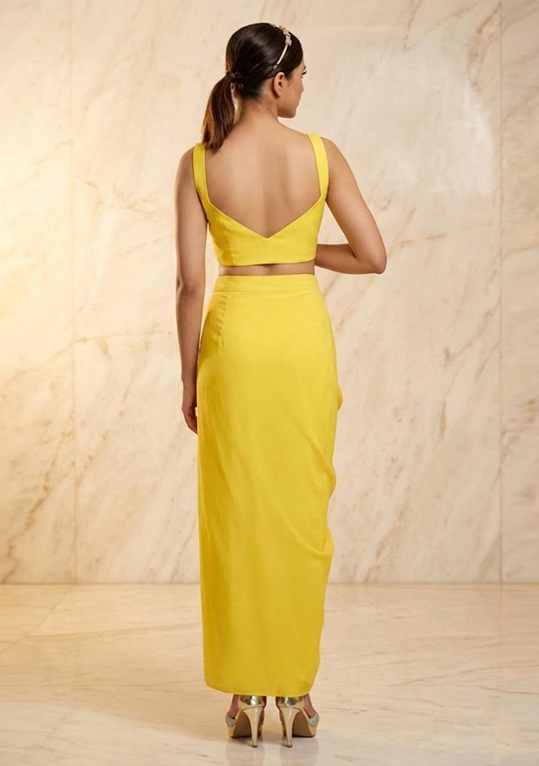 Yellow Embroidered Handwork Fusion Set - Indya