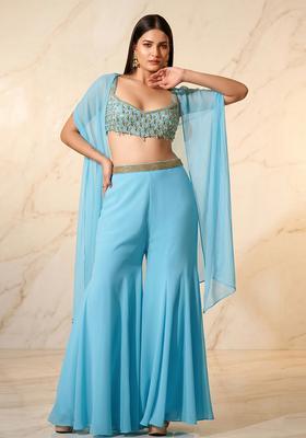 Sky Blue Embroidered Handwork Fusion Set