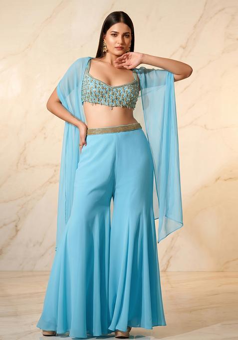 Sky Blue Embroidered Handwork Fusion Set