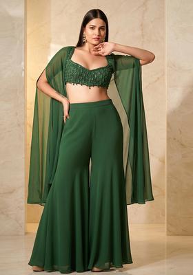 Dark Green Embroidered Handwork Fusion Set