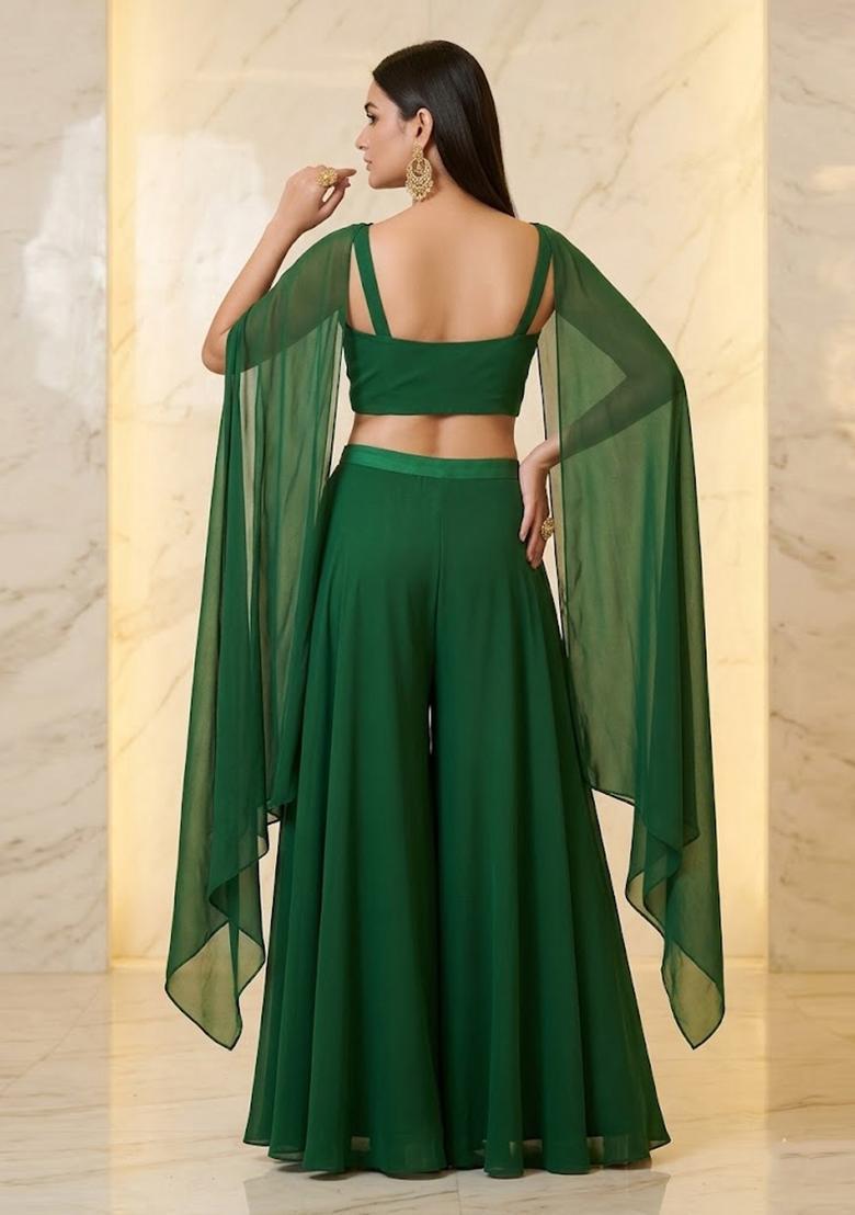 Dark Green Embroidered Handwork Fusion Set - Indya