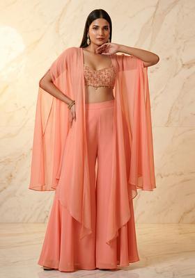 Peach Embroidered Handwork Fusion Set