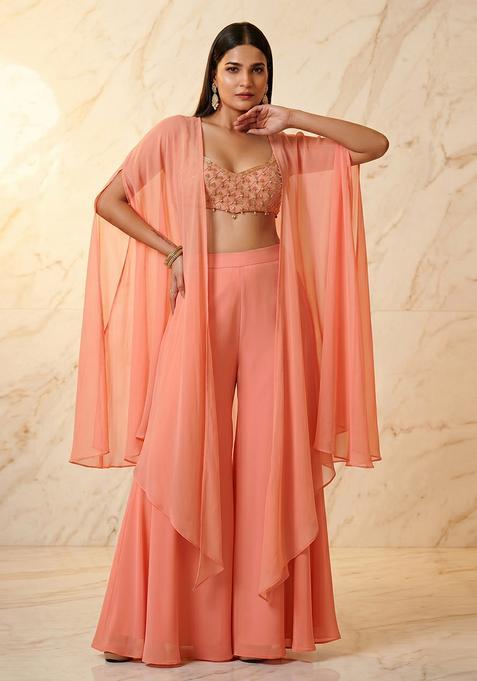 Peach Embroidered Handwork Fusion Set