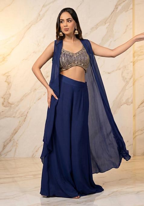 Navy Blue Embroidered Handwork Fusion Set