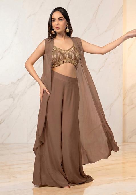 Brown Embroidered Handwork Fusion Set