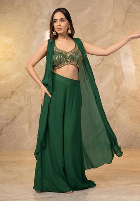 Dark Green Embroidered Handwork Fusion Set