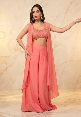 Baby Pink Embroidered Handwork Fusion Set