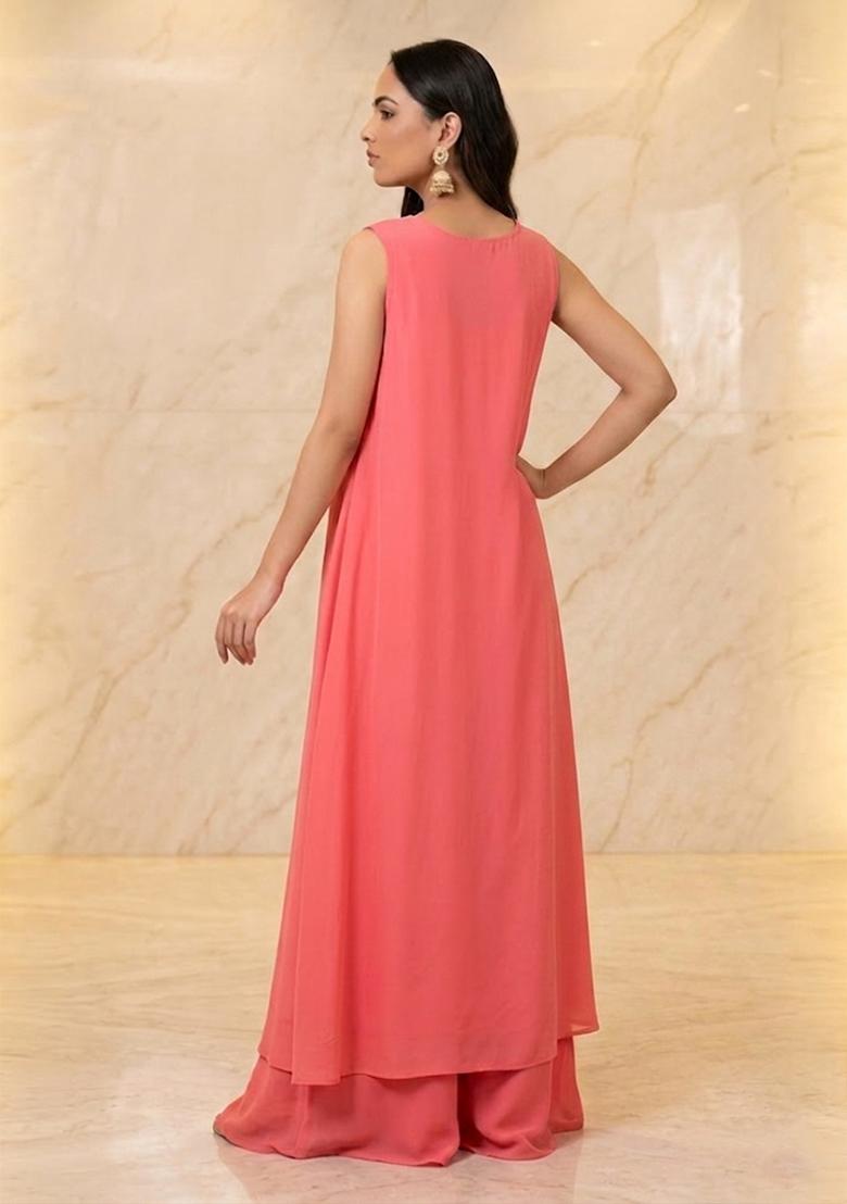 Baby Pink Embroidered Handwork Fusion Set - Indya