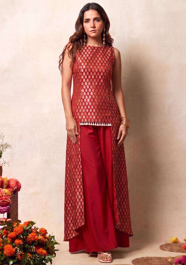Red Brocade Sharara Set - Indya