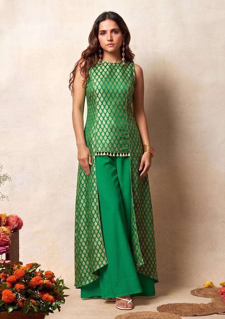 Green Brocade Sharara Set - Indya
