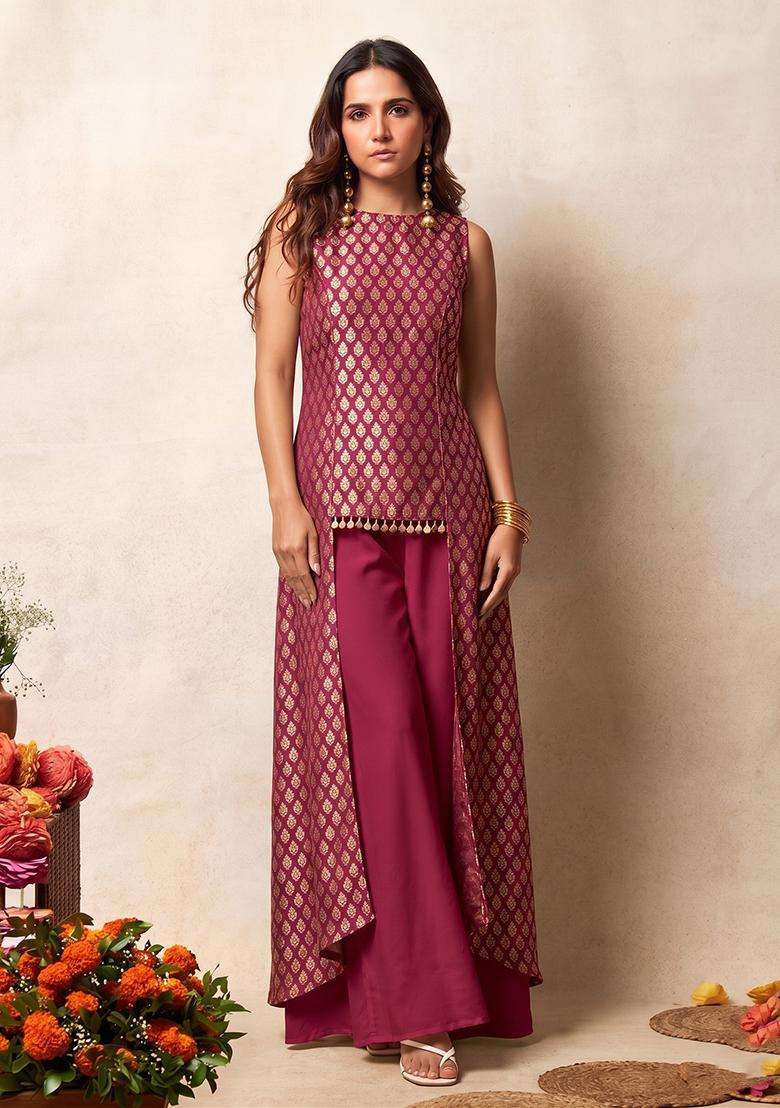 Wine Brocade Sharara Set - Indya