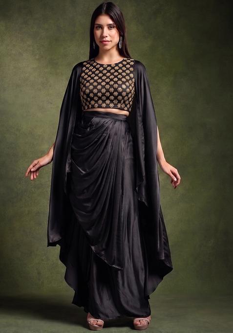 Black Embroidered Georgette Fusion Set