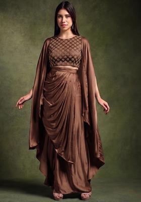 Brown Embroidered Georgette Fusion Set