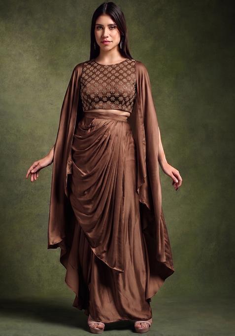 Brown Embroidered Georgette Fusion Set