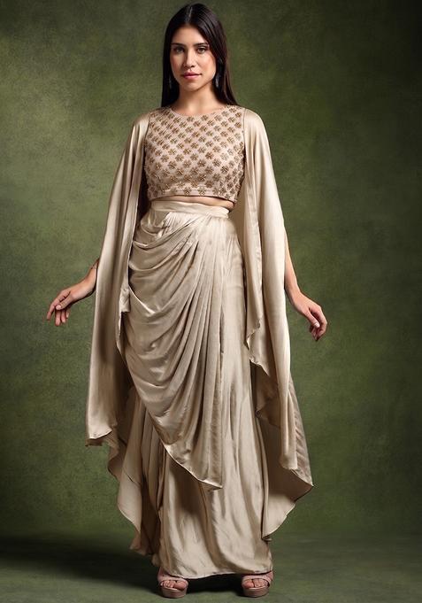 Beige Embroidered Georgette Fusion Set