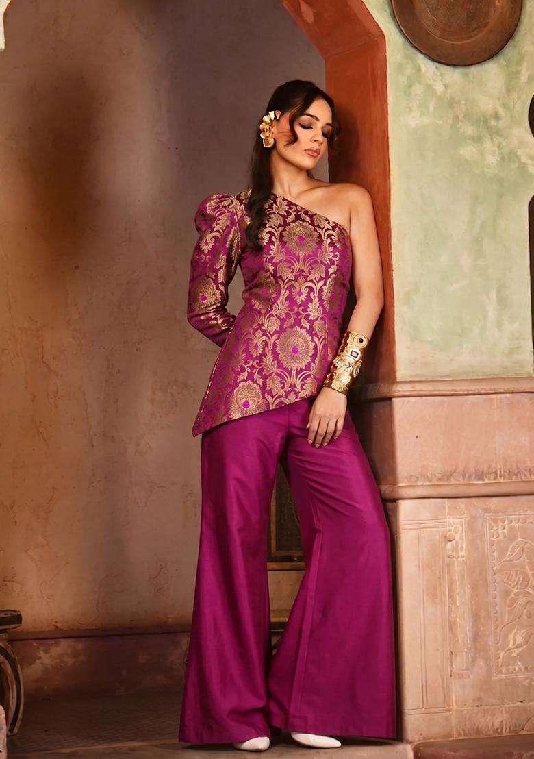 Magenta Pink Brocade Fusion Set for Diwali and Festive Wear - Indya