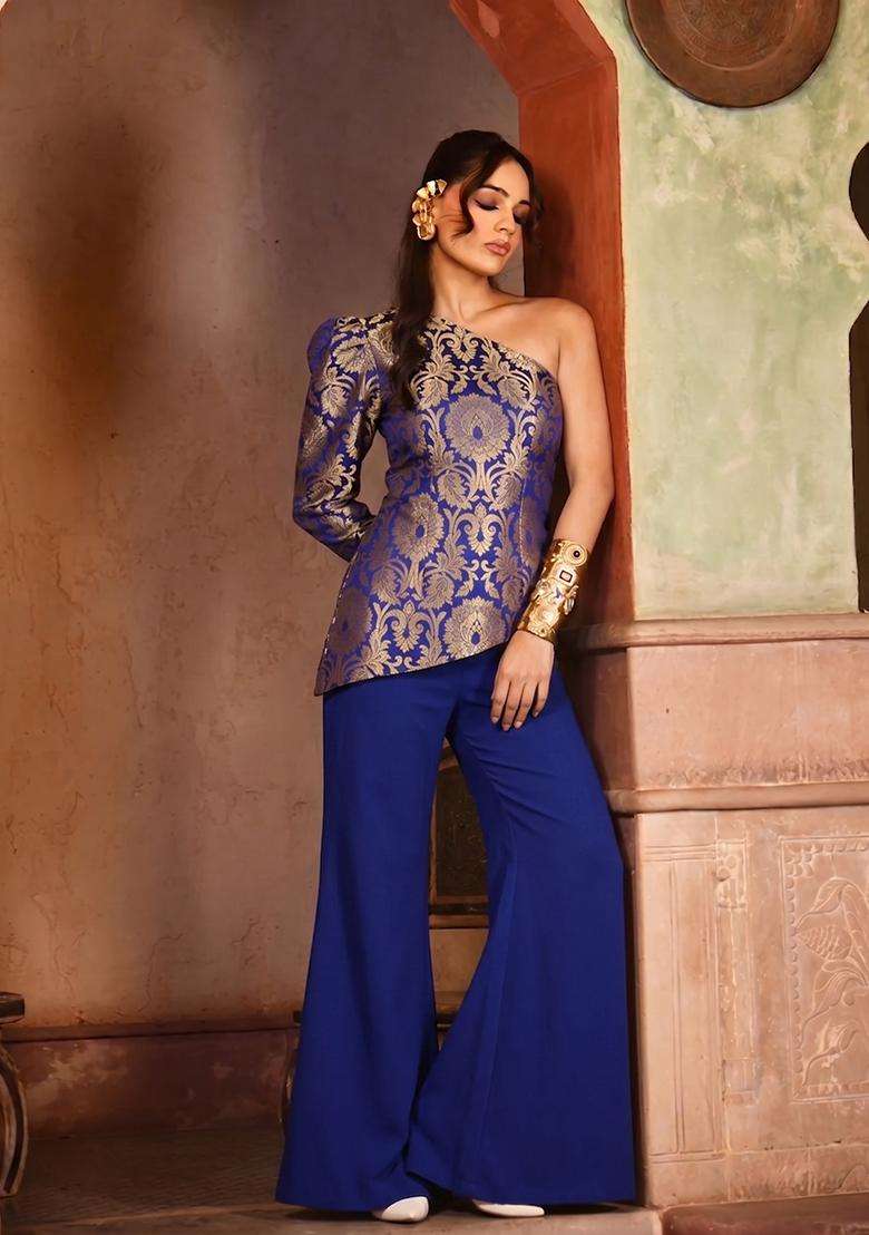 Dark Blue Brocade Fusion Set for Diwali and Festive Wear - Indya