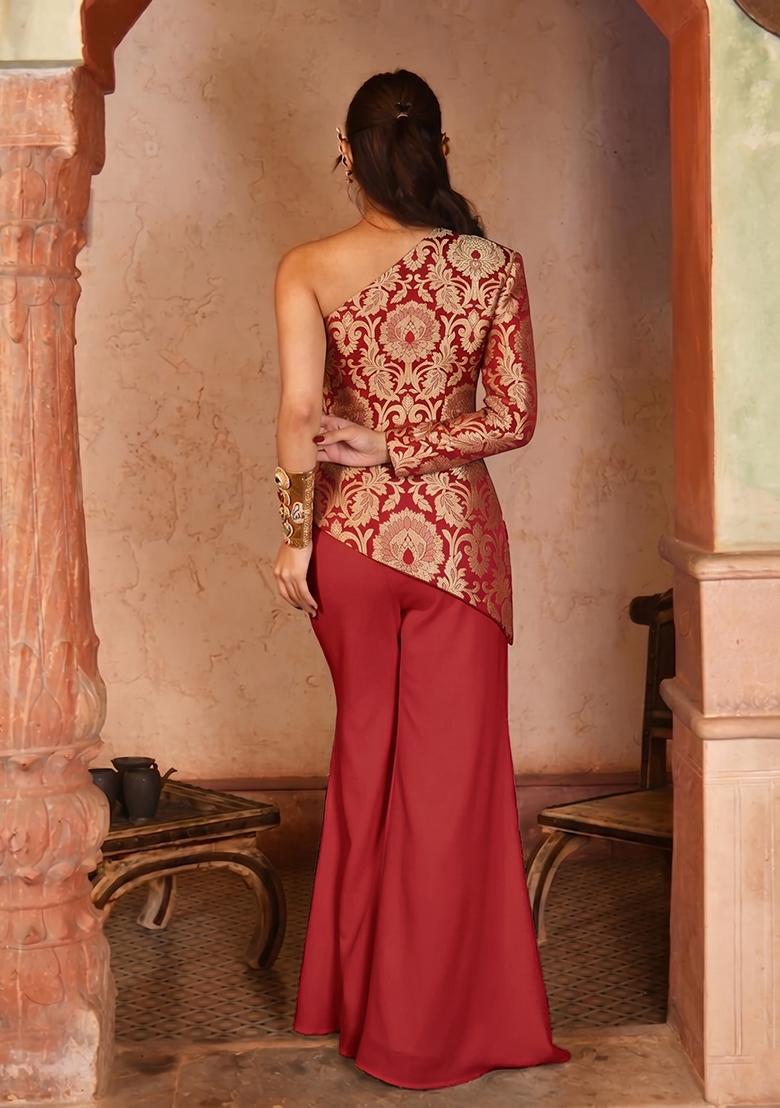 Red Brocade Fusion Set - Indya