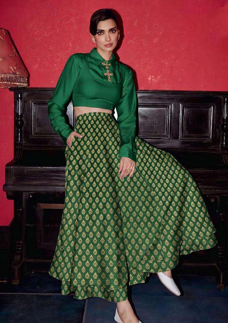 Emerald Green Brocade Lehenga Set - Indya