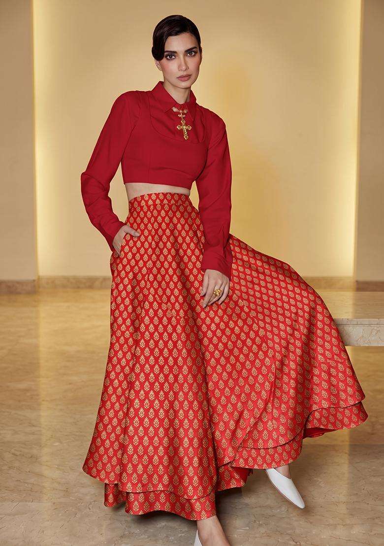 Red Brocade Lehenga Set for Diwali | Wedding & Festive Wear - Indya
