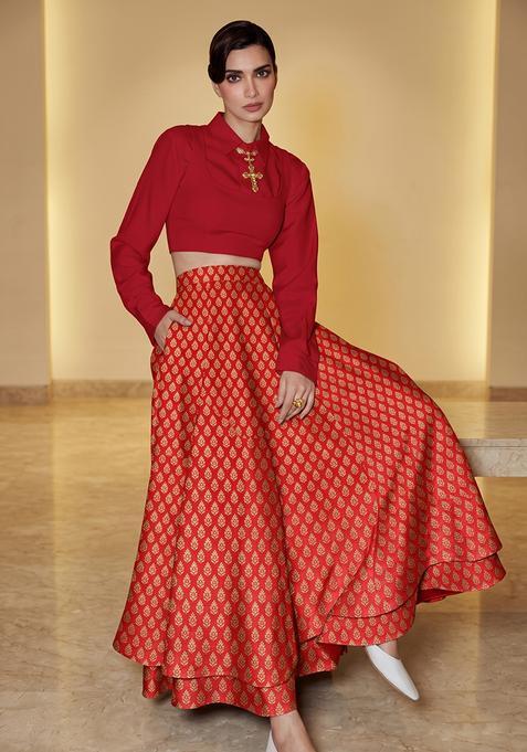Red Brocade Lehenga Set