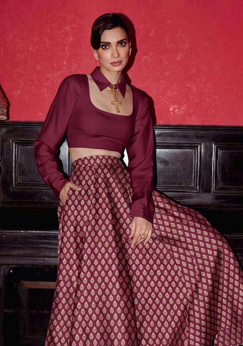 Chocolate Brown Brocade Lehenga Set for Diwali and Festive Wear - Indya