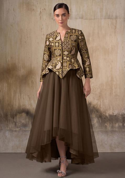 Olive Brown Brocade Lehenga Set