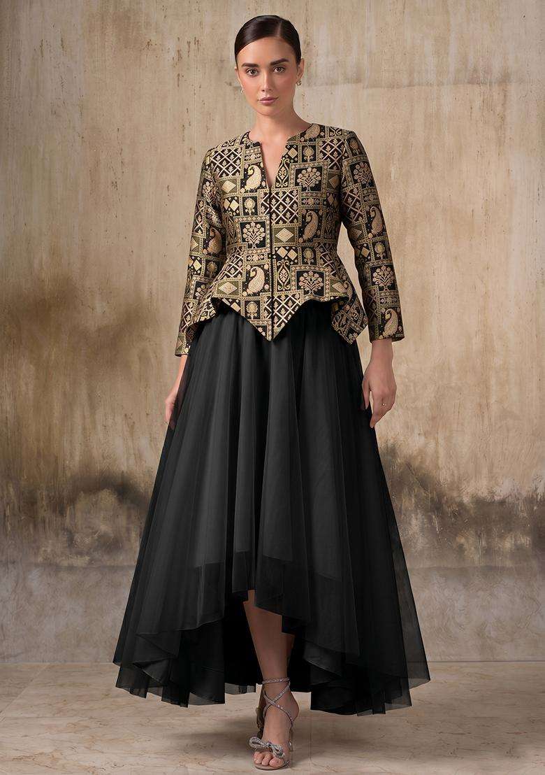 Black Brocade Lehenga Set - Indya
