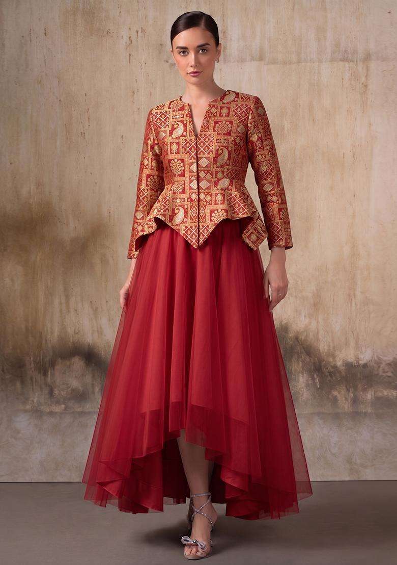 Red Brocade Lehenga Set - Indya