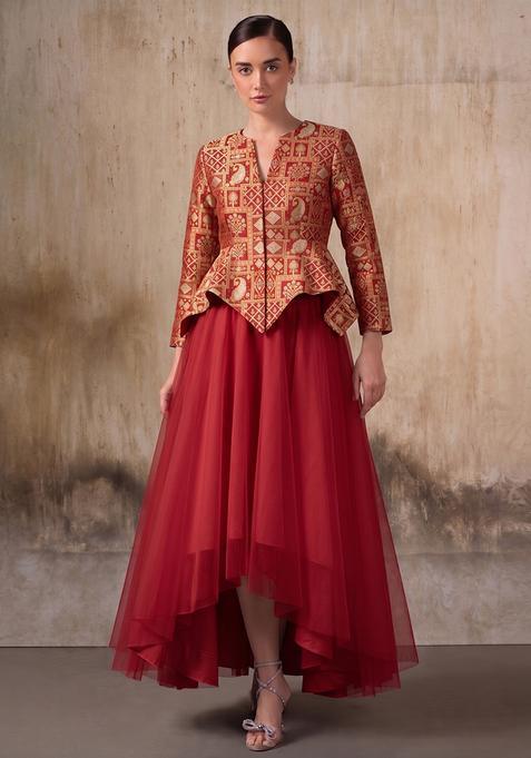 Red Brocade Lehenga Set