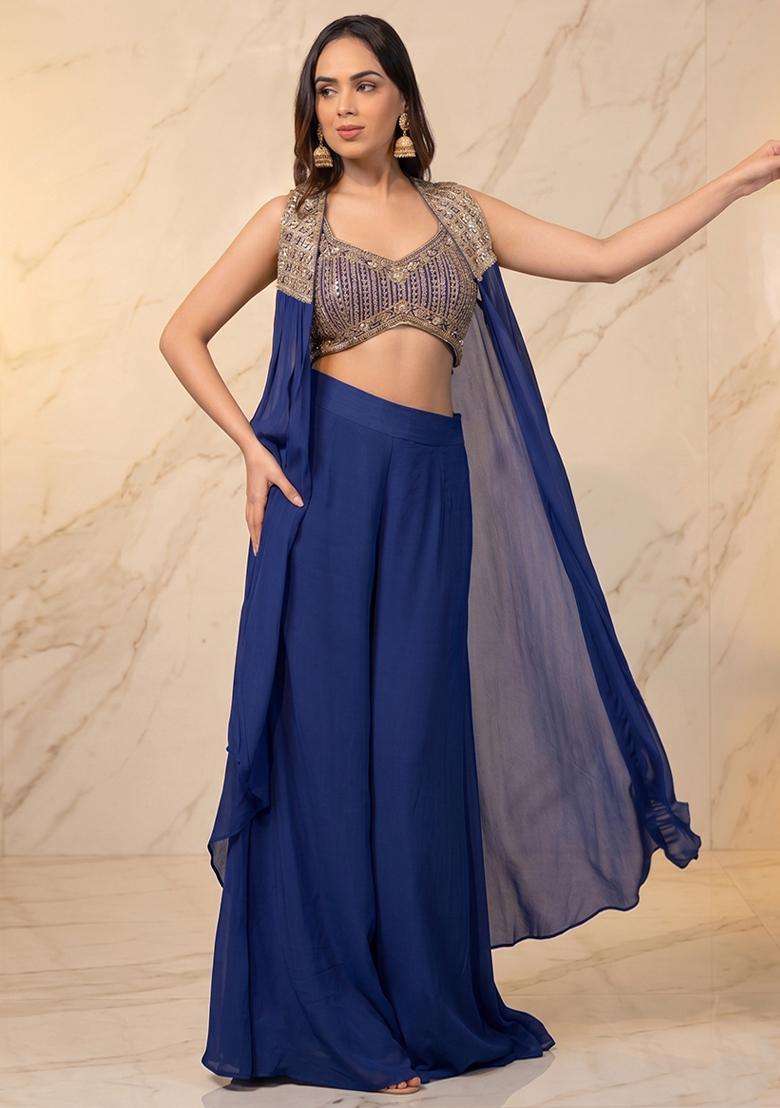 Royal Blue Embroidered Handwork Fusion Set - Indya