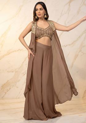 Brown Embroidered Handwork Fusion Set