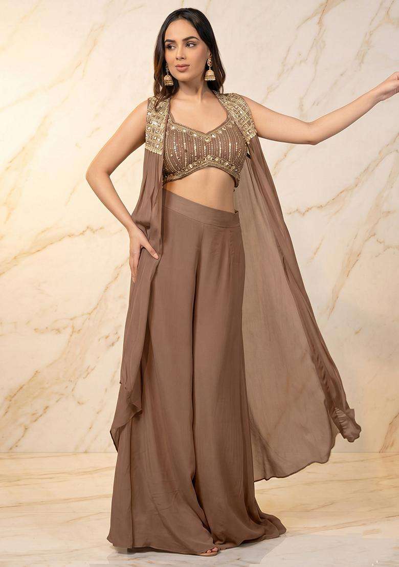 Brown Embroidered Handwork Fusion Set - Indya