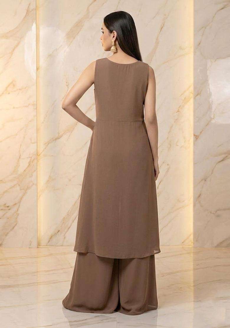 Brown Embroidered Handwork Fusion Set - Indya