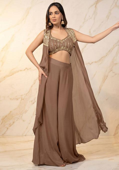 Brown Embroidered Handwork Fusion Set