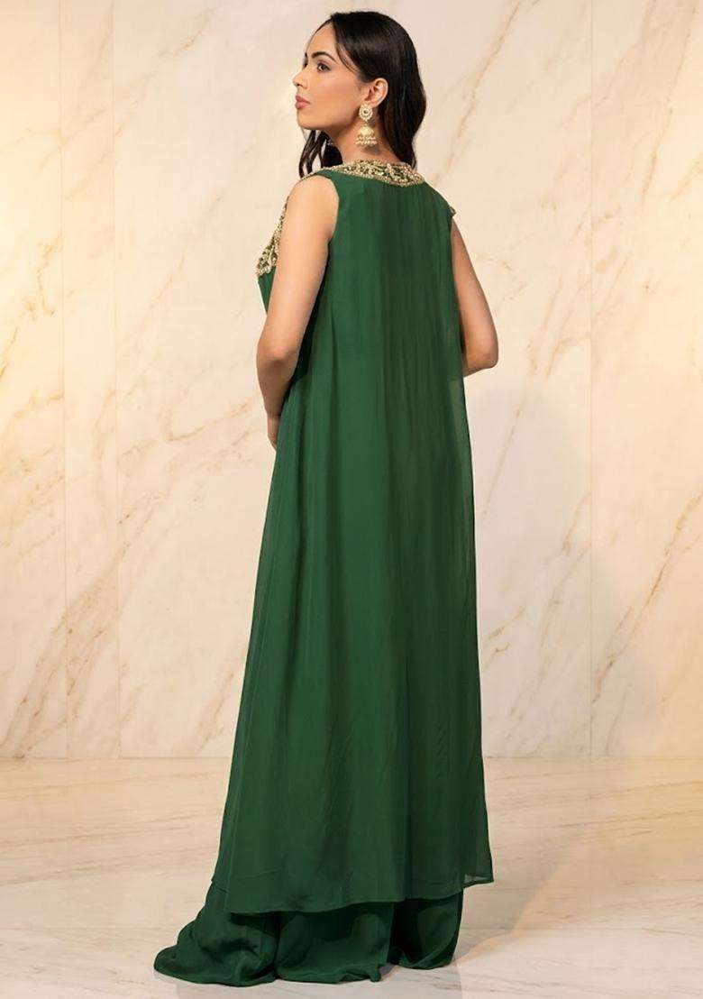 Green Embroidered Handwork Fusion Set - Indya