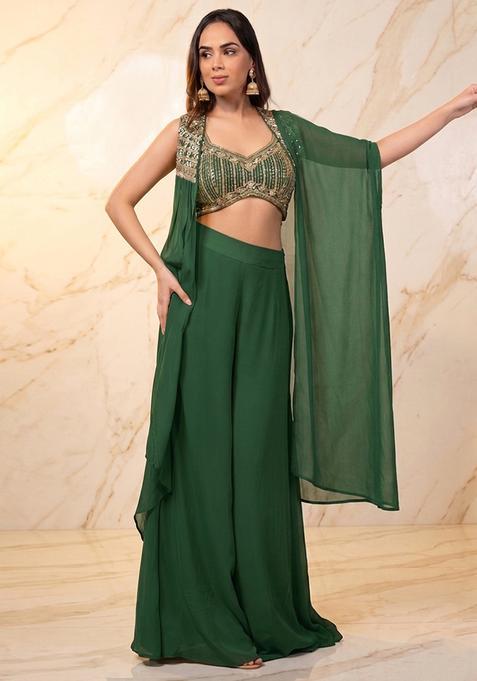 Green Embroidered Handwork Fusion Set