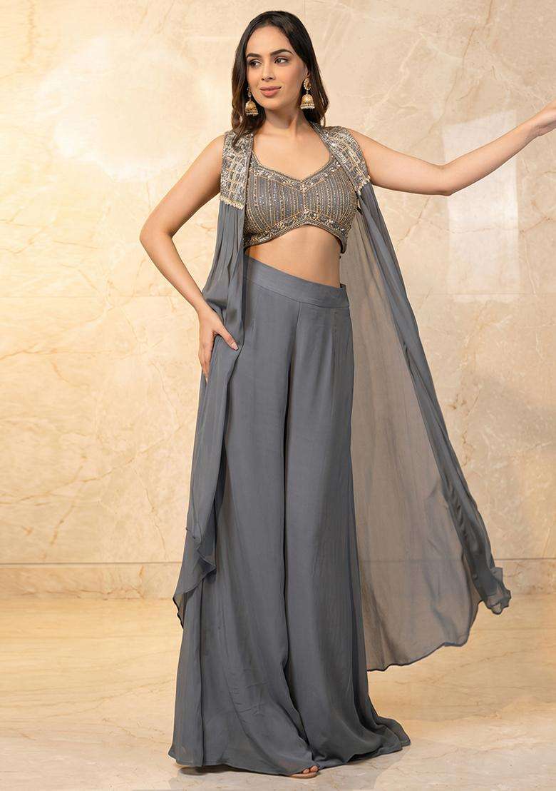 Grey Embroidered Handwork Fusion Set - Indya