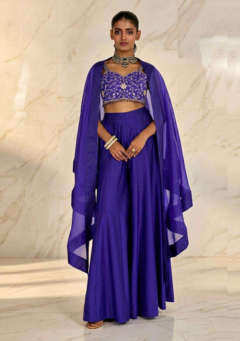 Royal Blue Embroidered Handwork Sharara Set - Indya
