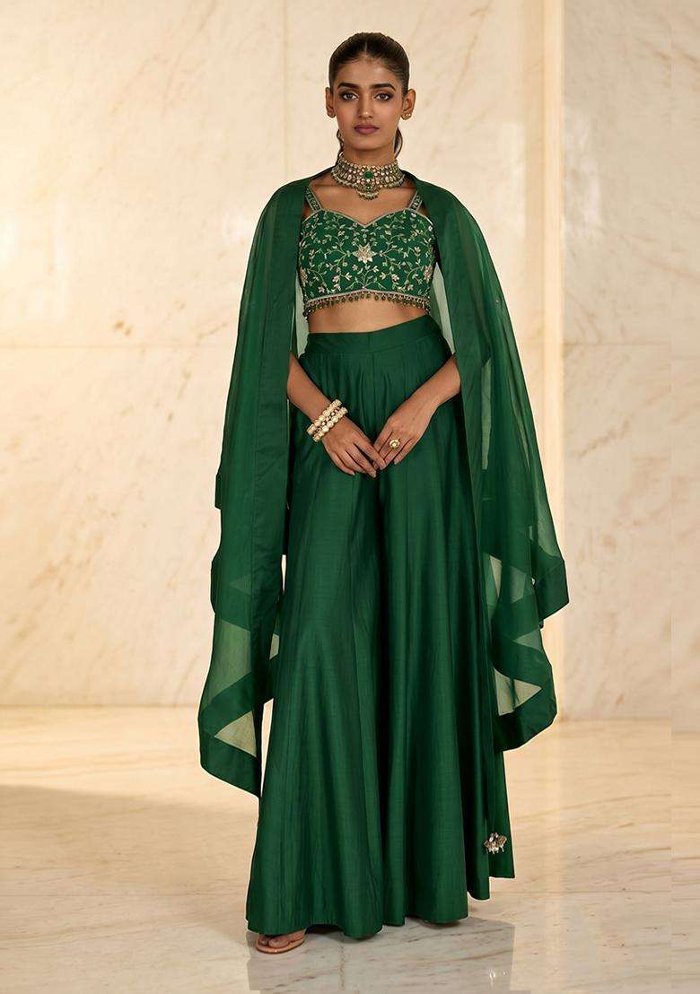 Green Embroidered Handwork Sharara Set - Indya