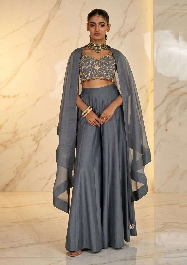 Grey Embroidered Handwork Sharara Set - Indya