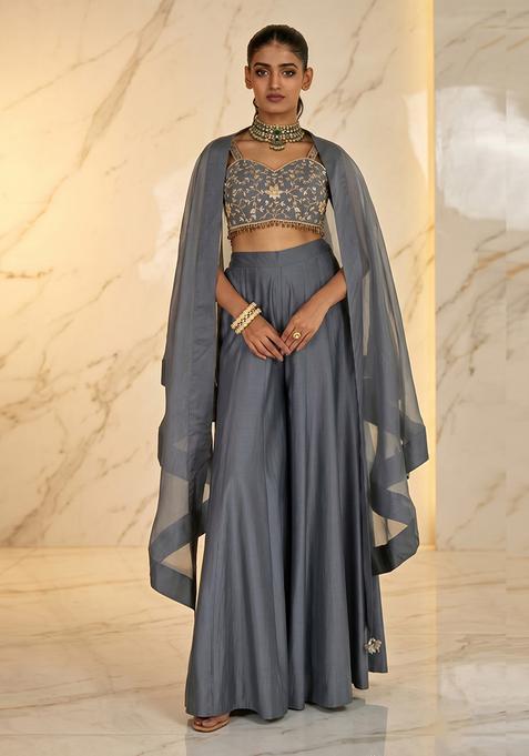Grey Embroidered Handwork Sharara Set